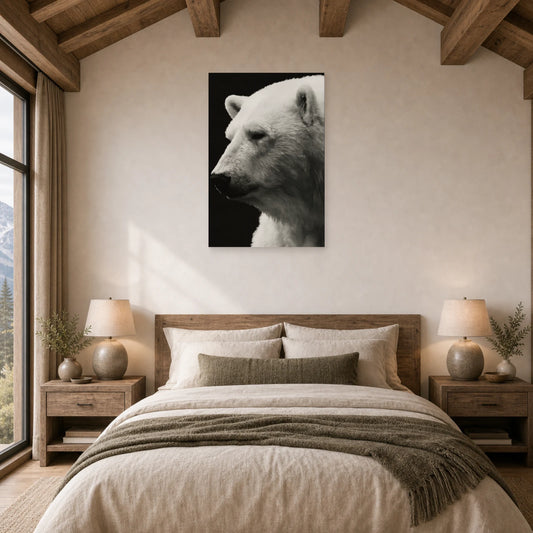 Mockup WebP Tableau Ours Polaire Noir Et Blanc dans une chambre - Art Virtuoso