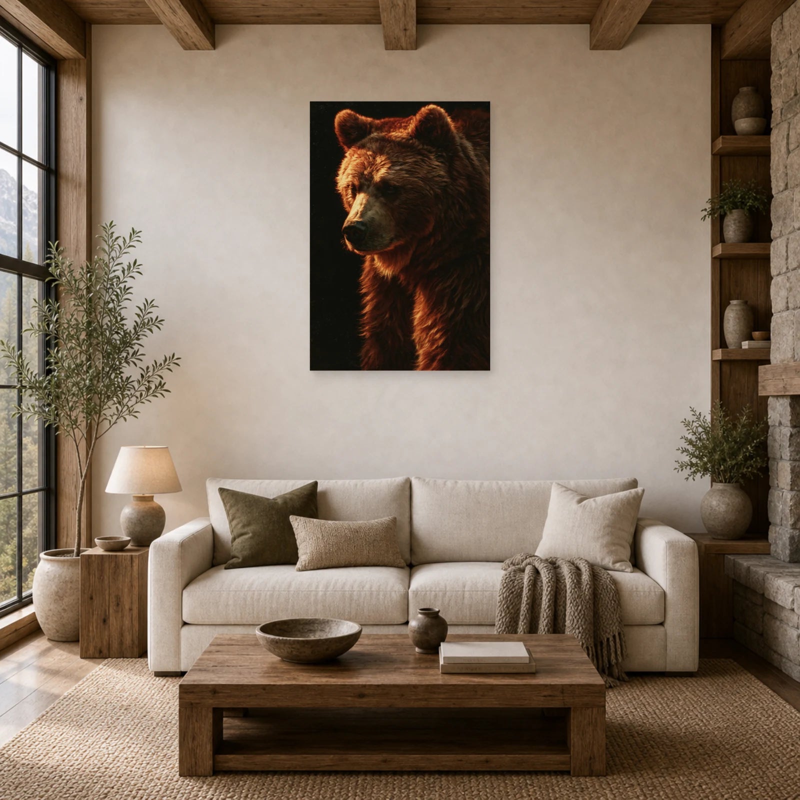 Mockup WebP Tableau Ours Portrait Dramatique dans un salon - Art Virtuoso