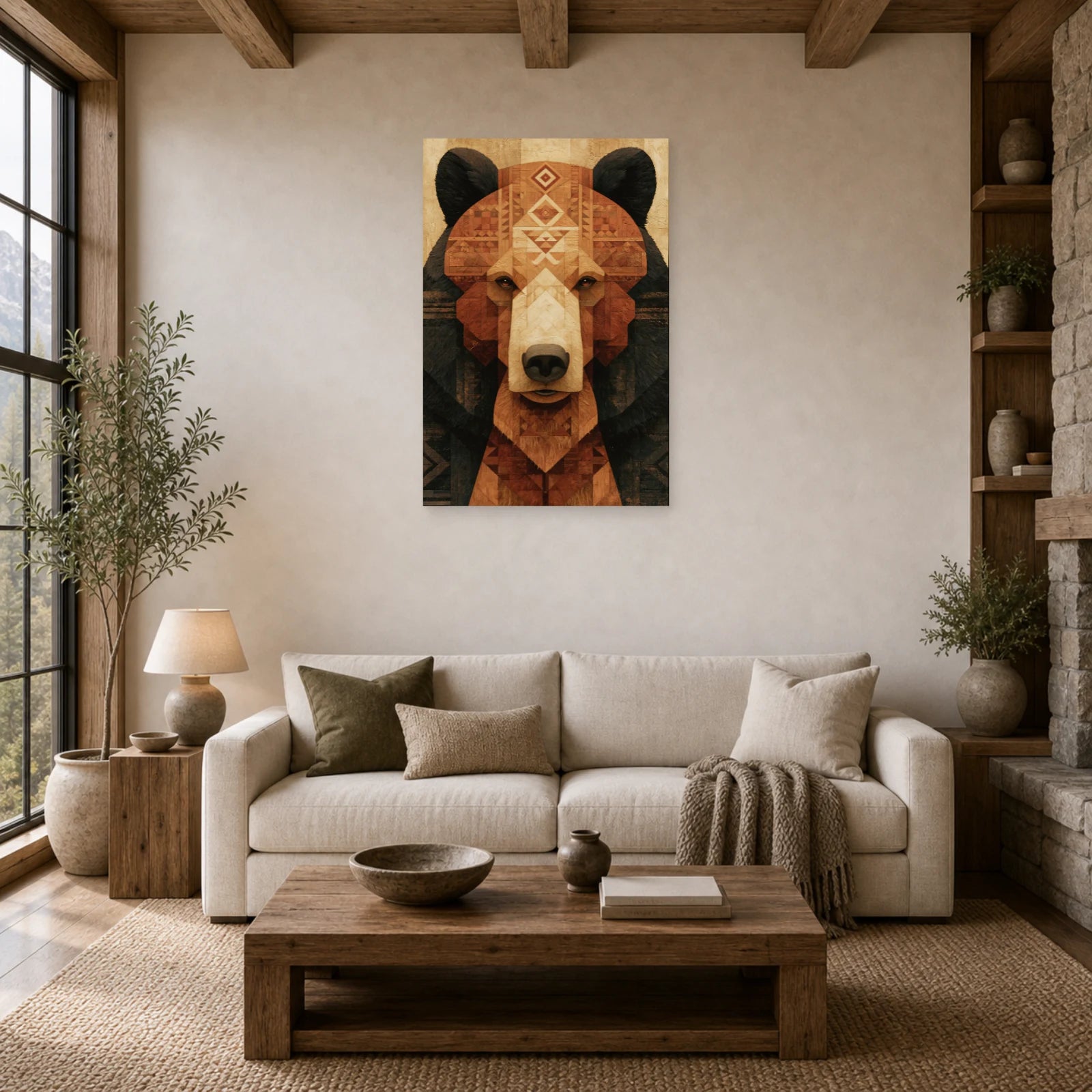 Mockup WebP Tableau Ours Tribal Totem dans un salon - Art Virtuoso