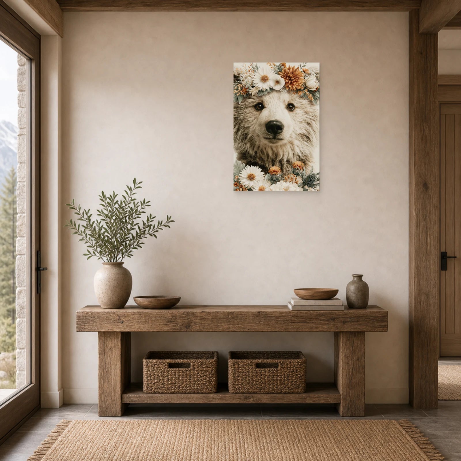Mockup WebP Tableau Ourson Boheme dans une entree ou un couloir - Art Virtuoso