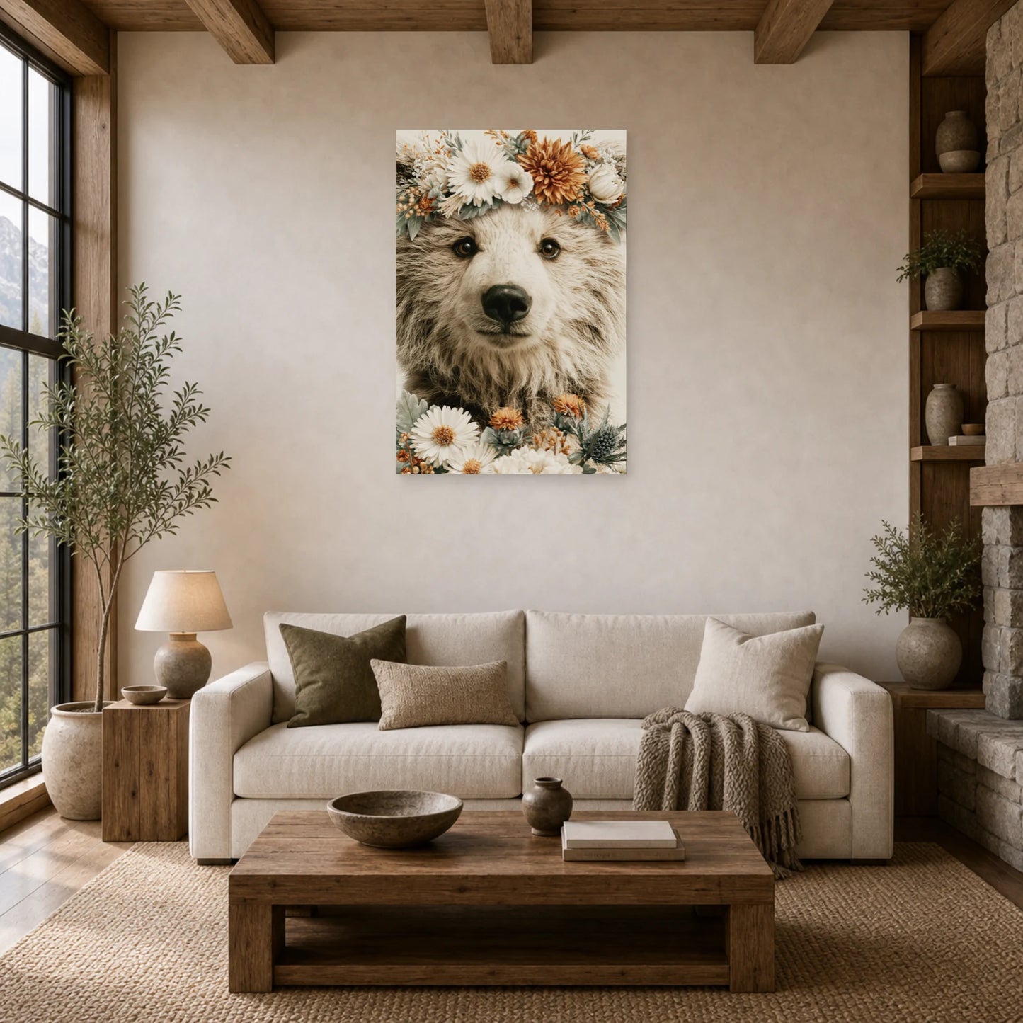 Mockup WebP Tableau Ourson Boheme dans un salon - Art Virtuoso