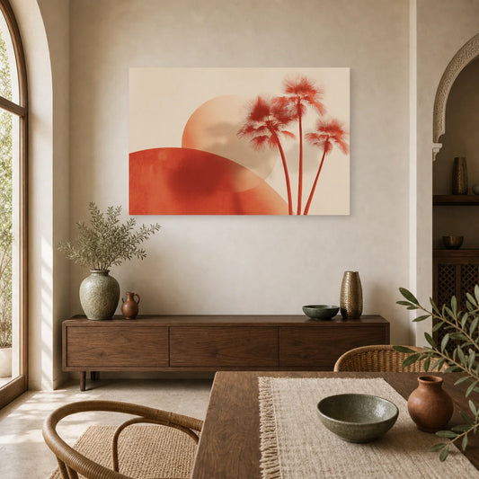 Tableau Palmiers Minimalistes Terracotta dans une cuisine - Art Virtuoso