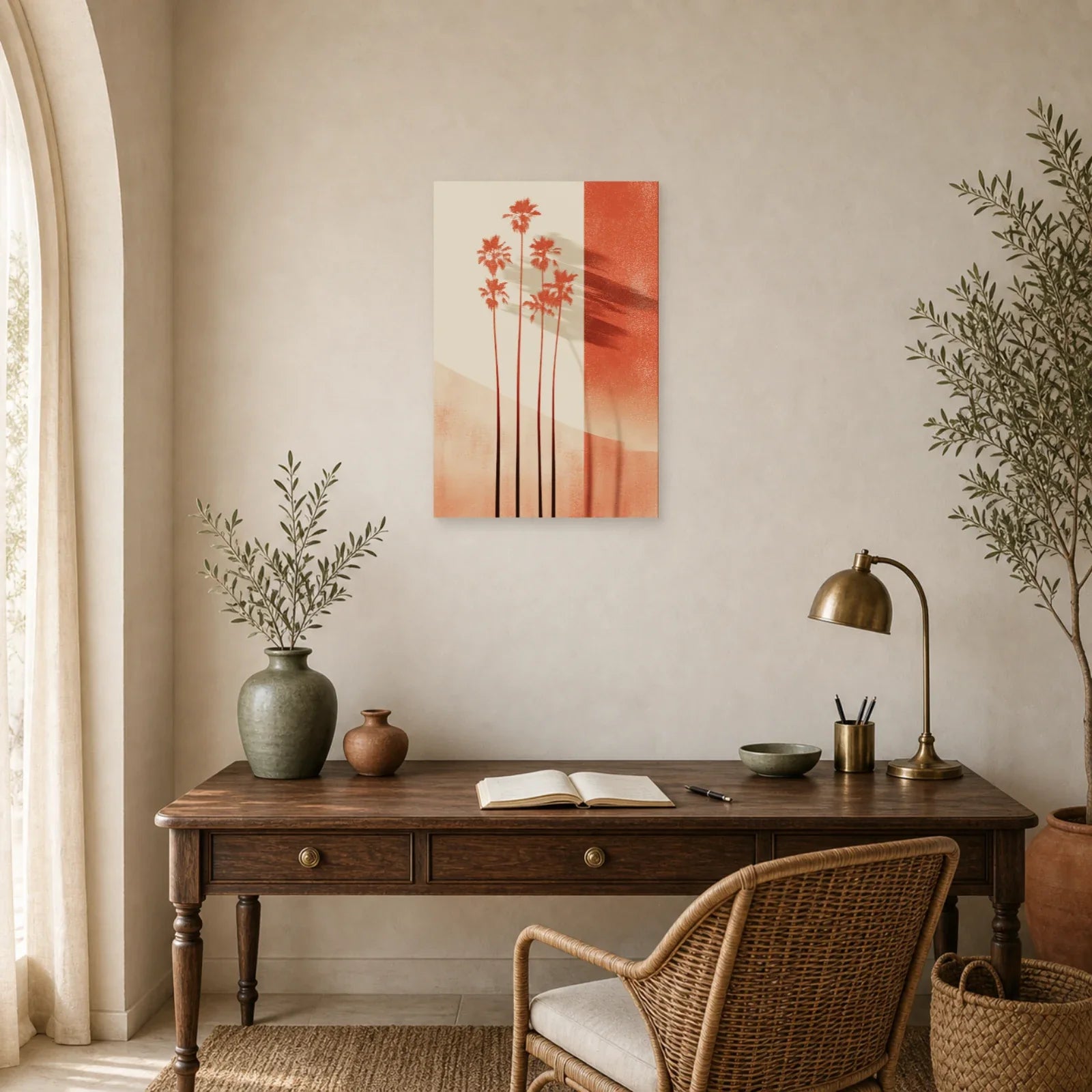 Tableau Palmiers Vertical Terracotta dans un bureau - Art Virtuoso