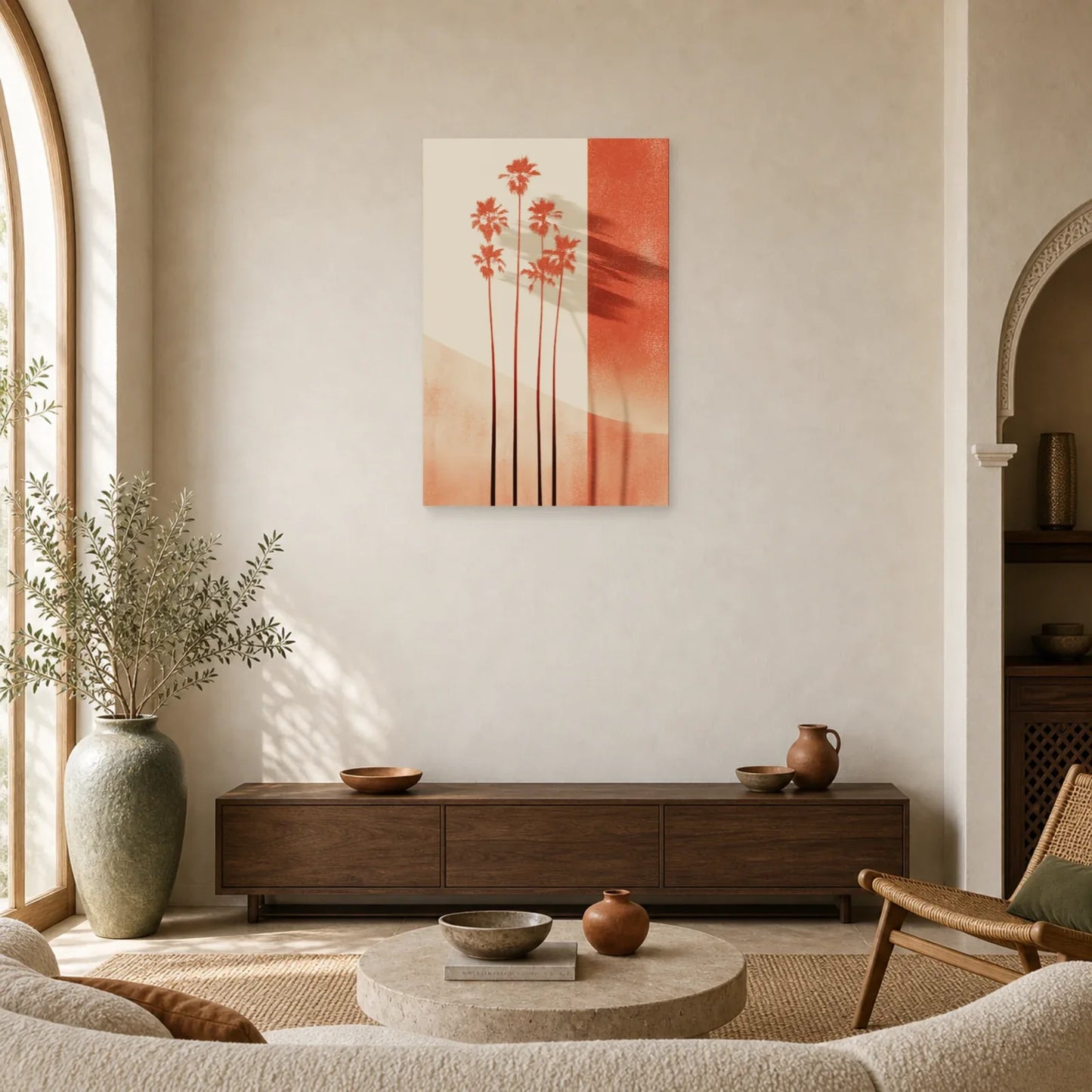 Tableau Palmiers Vertical Terracotta dans un salon - Art Virtuoso