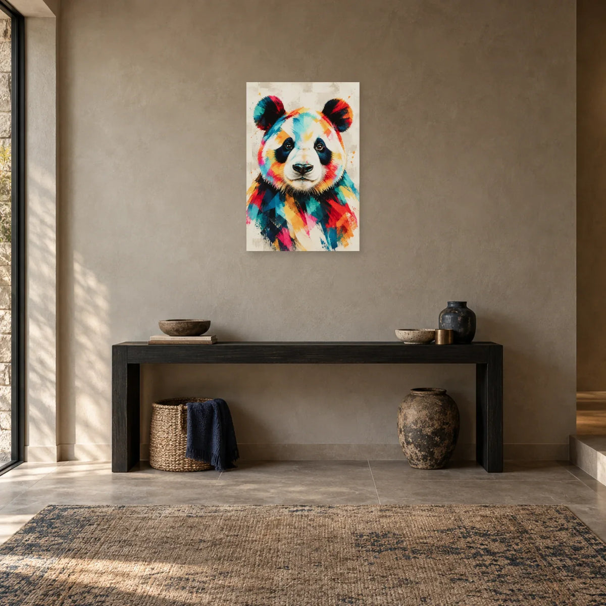 Tableau panda pop art multicolore – Calme graphique dans une entrée ou un couloir - Art Virtuoso