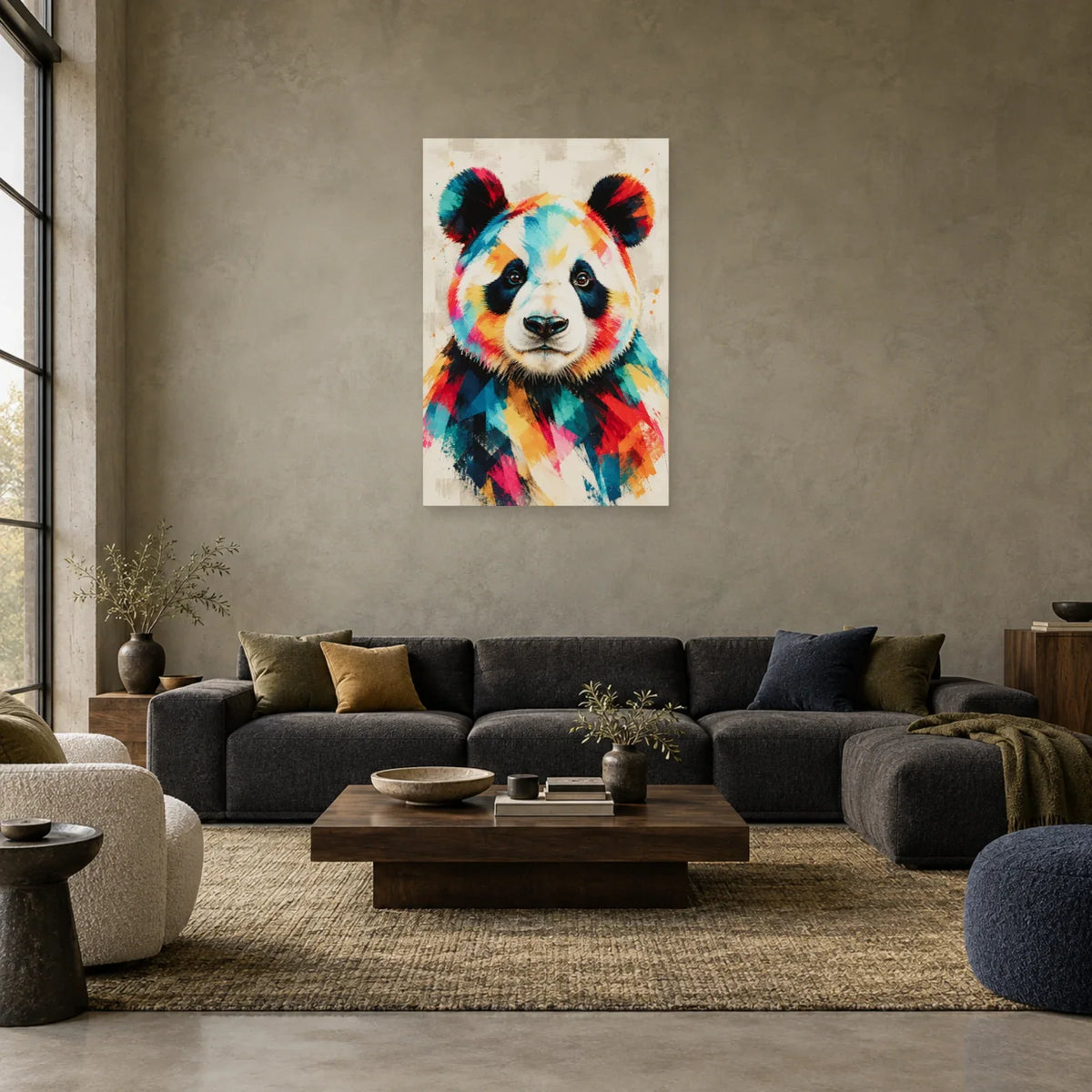 Tableau panda pop art multicolore – Calme graphique dans un salon - Art Virtuoso