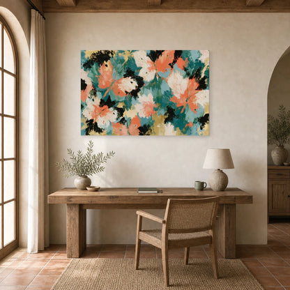 Tableau abstrait aux ailes de papillon fluides en tons corail, vert et noir dans un bureau élégant