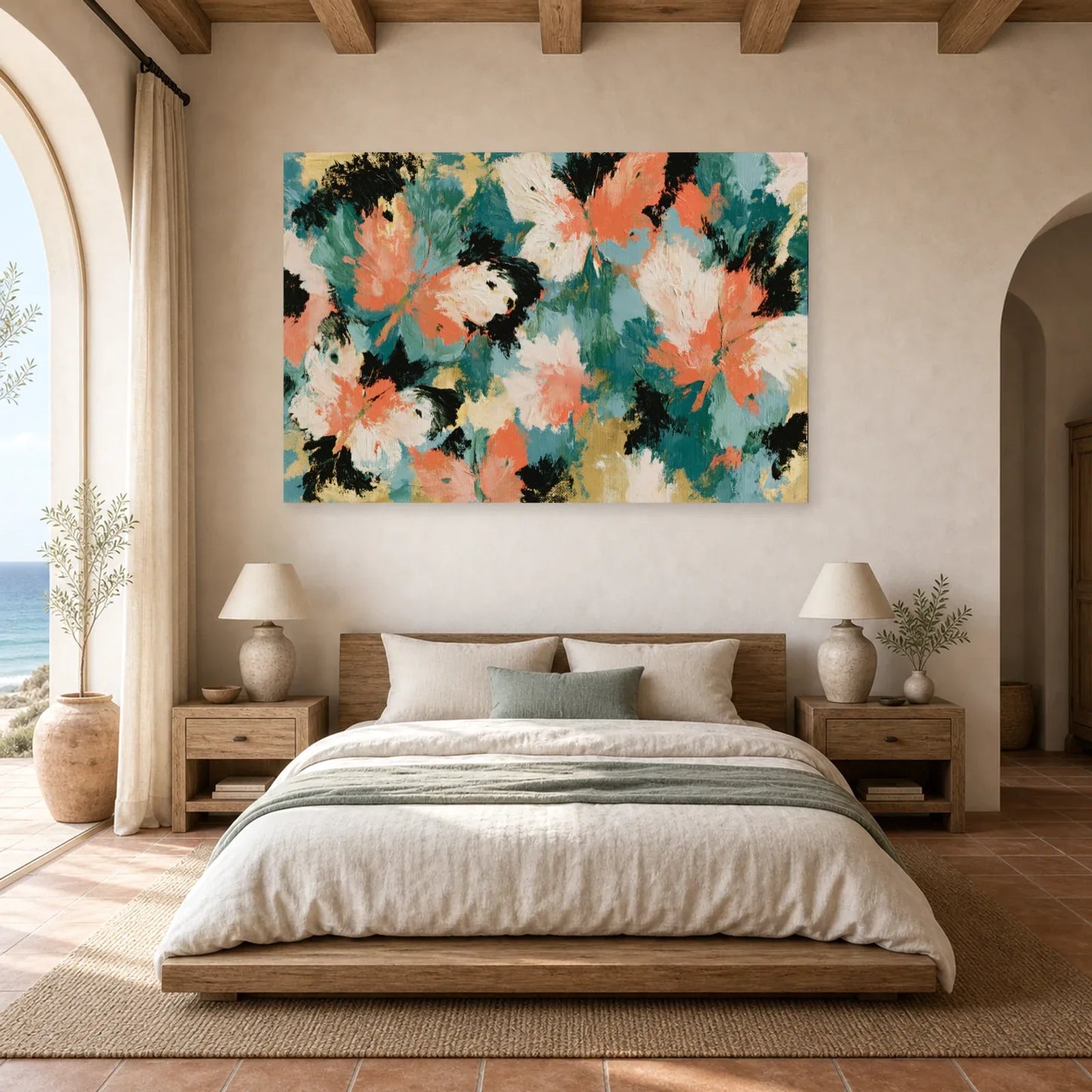 Tableau abstrait aux ailes de papillon fluides en tons corail, vert et noir dans une chambre apaisante