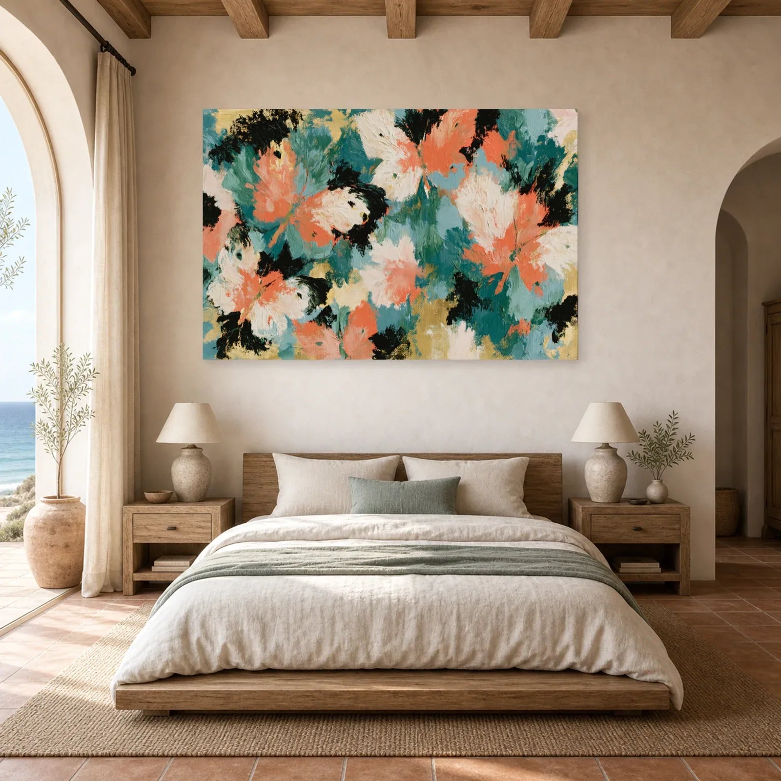 Tableau abstrait aux ailes de papillon fluides en tons corail, vert et noir dans une chambre apaisante