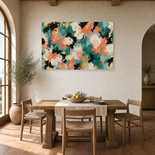 Tableau abstrait aux ailes de papillon fluides en tons corail, vert et noir dans une salle à manger lumineuse