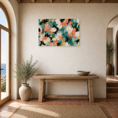 Tableau abstrait aux ailes de papillon fluides en tons corail, vert et noir dans une entrée ou un couloir décoré