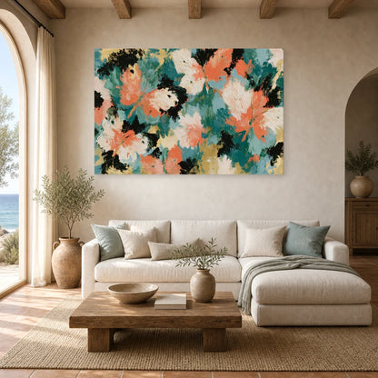 Tableau abstrait aux ailes de papillon fluides en tons corail, vert et noir dans un salon contemporain