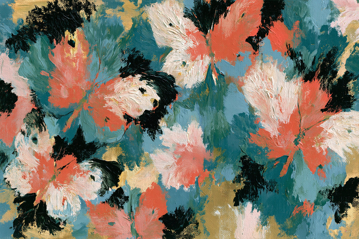 Tableau abstrait aux ailes de papillon fluides en tons corail, vert et noir - format S