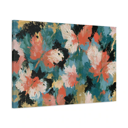 Tableau abstrait aux ailes de papillon fluides en tons corail, vert et noir - toile 3D avec bords imprimés visibles