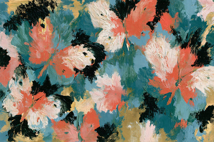 Tableau abstrait aux ailes de papillon fluides en tons corail, vert et noir - format XL