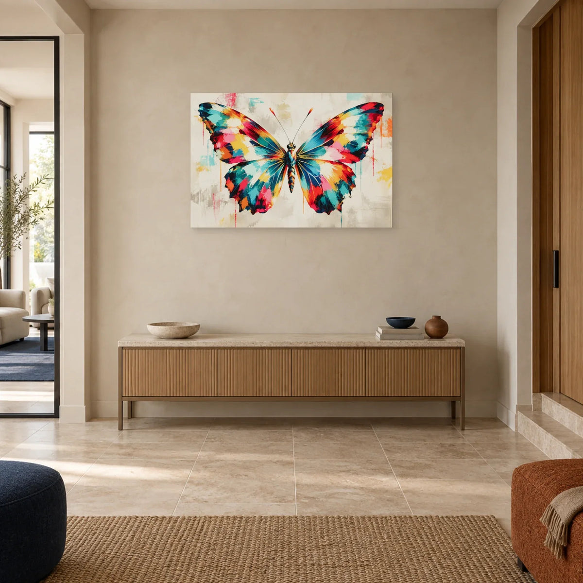 Tableau papillon abstrait multicolore – Envergure vive dans une entrée ou un couloir - Art Virtuoso
