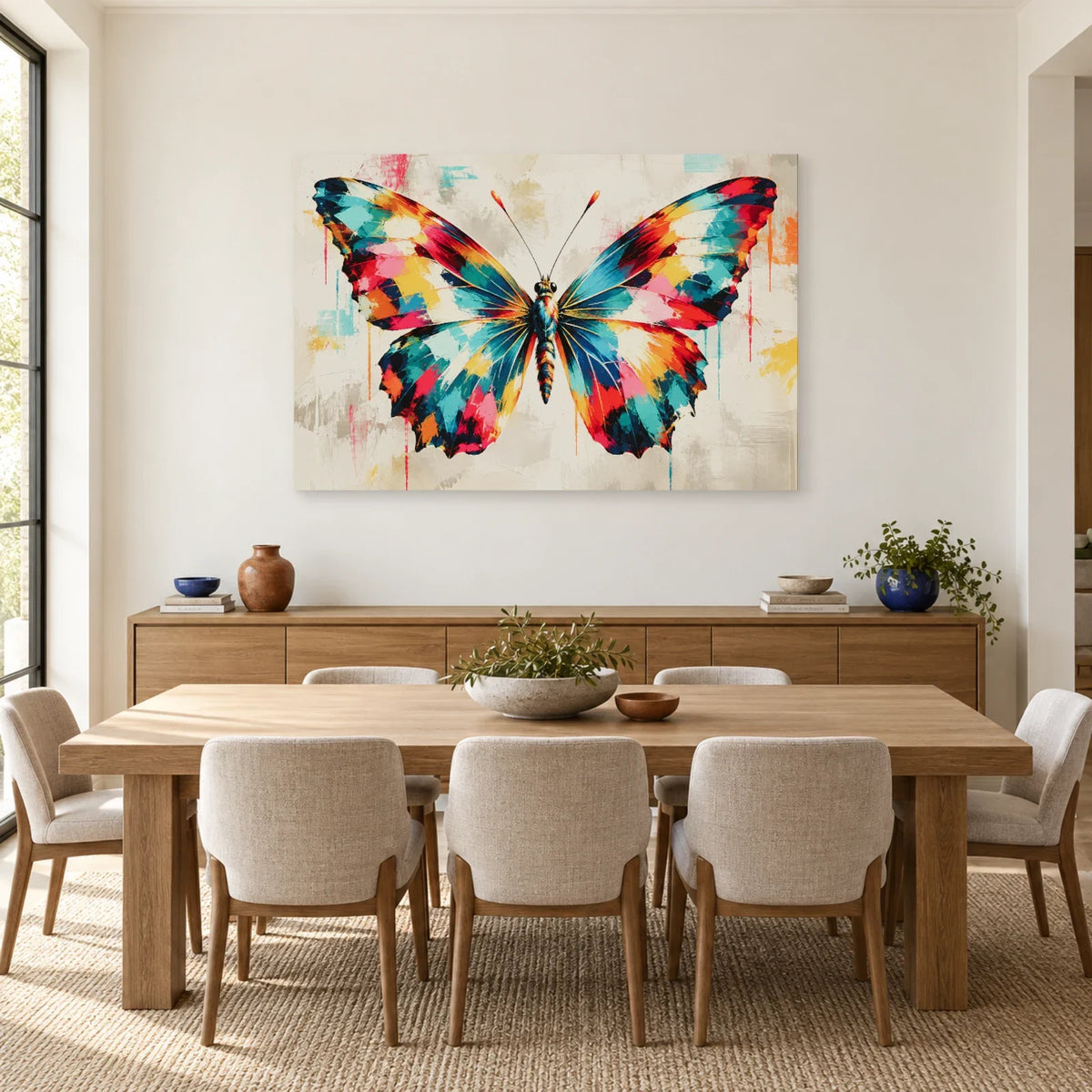 Tableau papillon abstrait multicolore – Envergure vive dans une salle à manger - Art Virtuoso