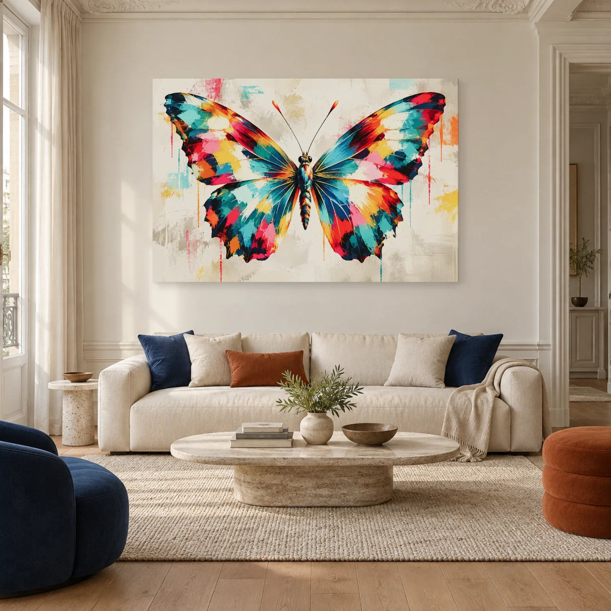 Tableau papillon abstrait multicolore – Envergure vive dans un salon - Art Virtuoso