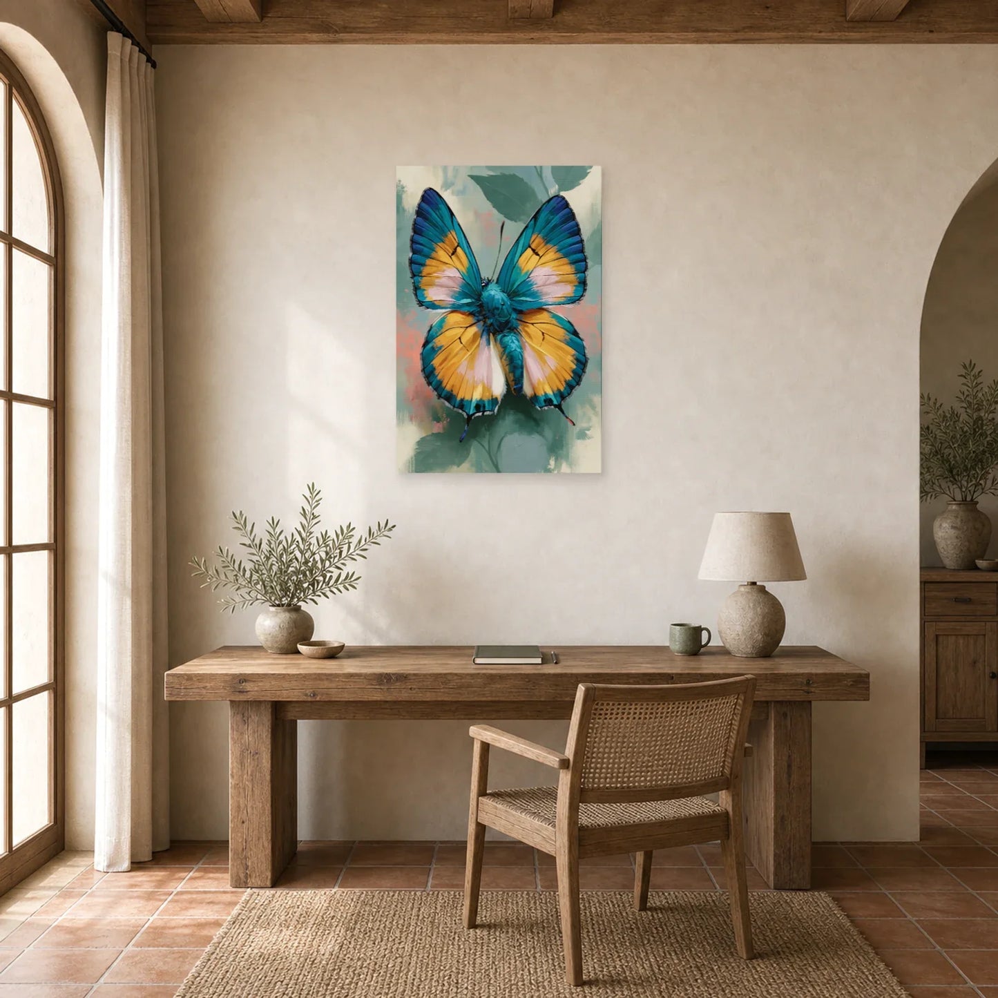 Tableau papillon coloré bleu et jaune aux ailes détaillées dans un bureau élégant