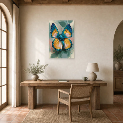 Tableau papillon coloré bleu et jaune aux ailes détaillées dans un bureau élégant