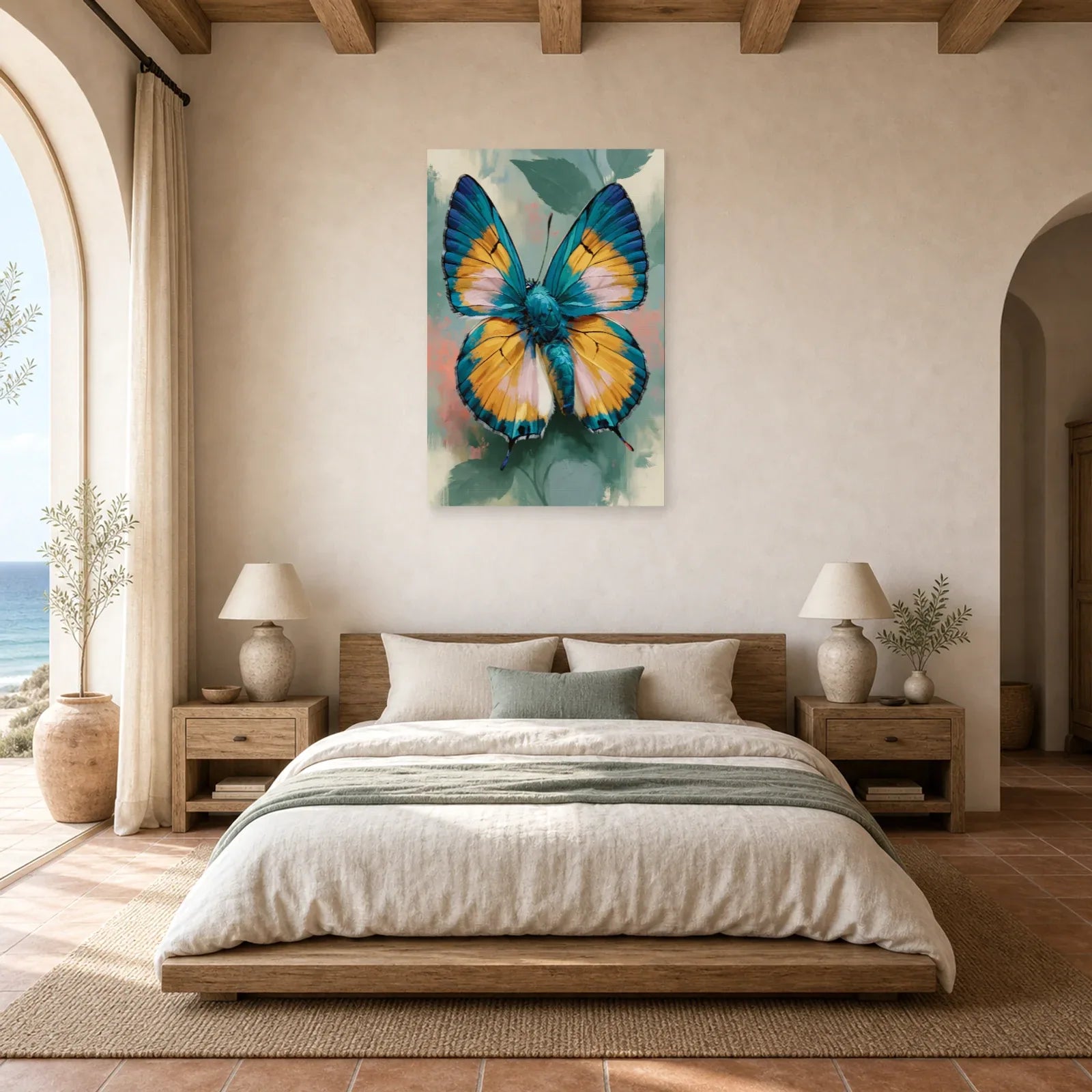 Tableau papillon coloré bleu et jaune aux ailes détaillées dans une chambre apaisante