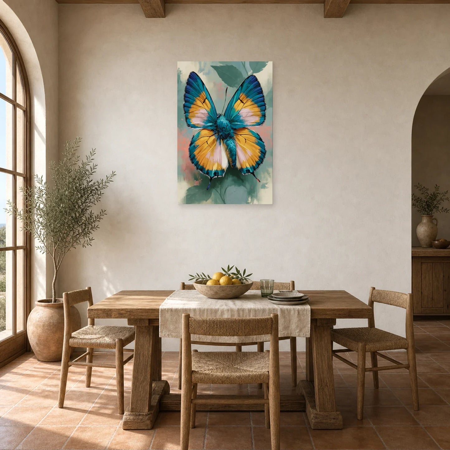 Tableau papillon coloré bleu et jaune aux ailes détaillées dans une salle à manger lumineuse