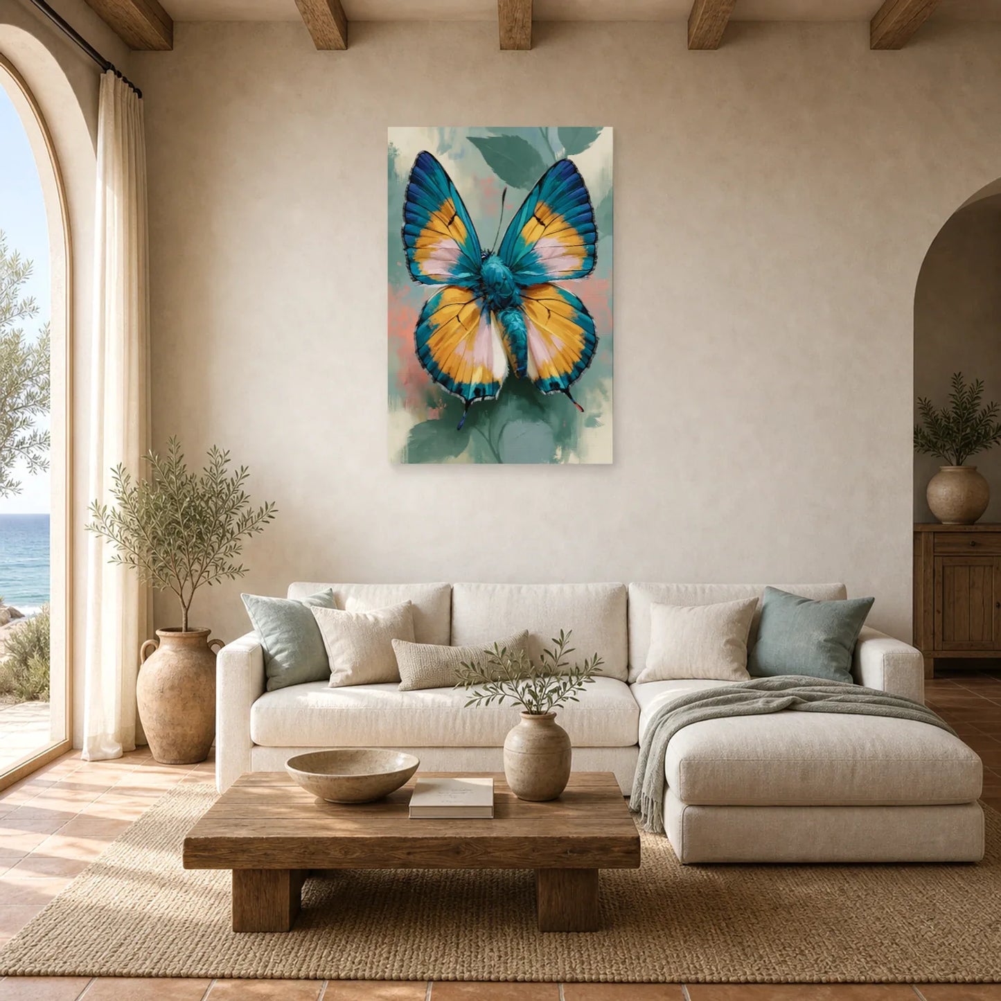 Tableau papillon coloré bleu et jaune aux ailes détaillées dans un salon contemporain