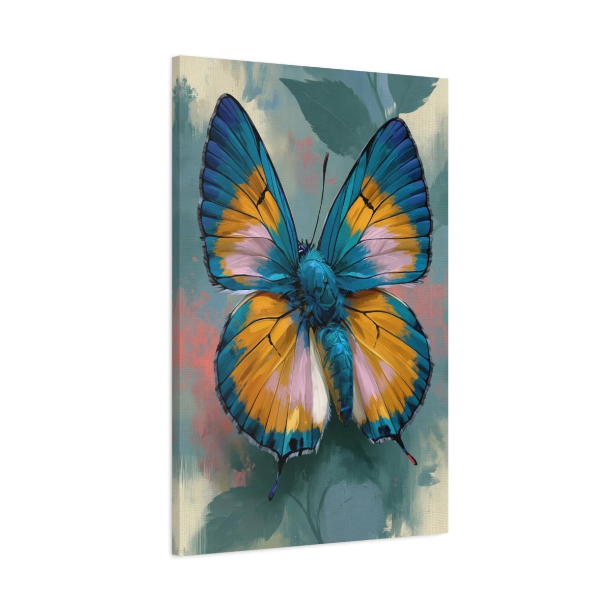 Tableau papillon coloré bleu et jaune aux ailes détaillées - toile 3D avec bords imprimés visibles