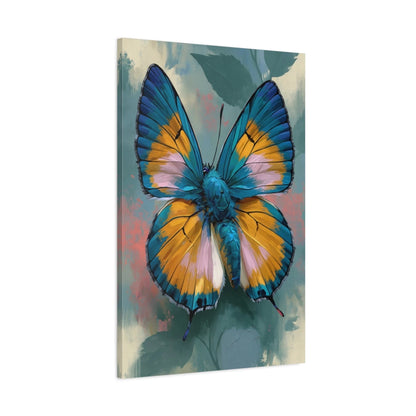 Tableau papillon coloré bleu et jaune aux ailes détaillées - toile 3D avec bords imprimés visibles
