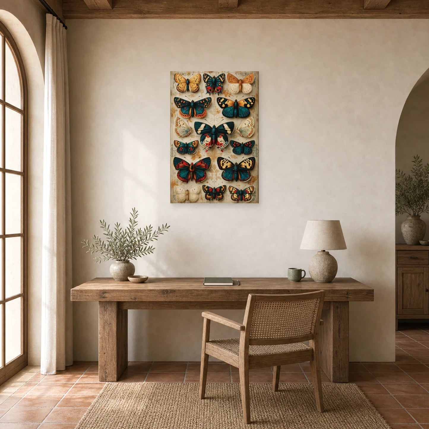 Tableau planche vintage de papillons façon cabinet naturaliste dans un bureau élégant
