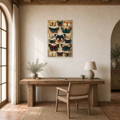 Tableau planche vintage de papillons façon cabinet naturaliste dans un bureau élégant