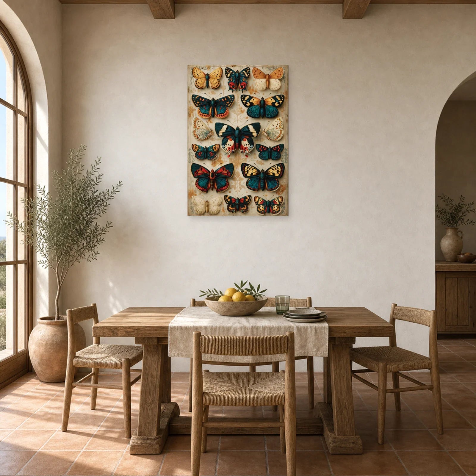 Tableau planche vintage de papillons façon cabinet naturaliste dans une salle à manger lumineuse