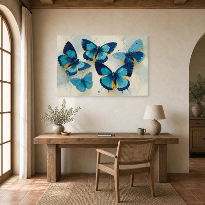 Tableau papillons bleus en aquarelle sur fond clair dans un bureau élégant