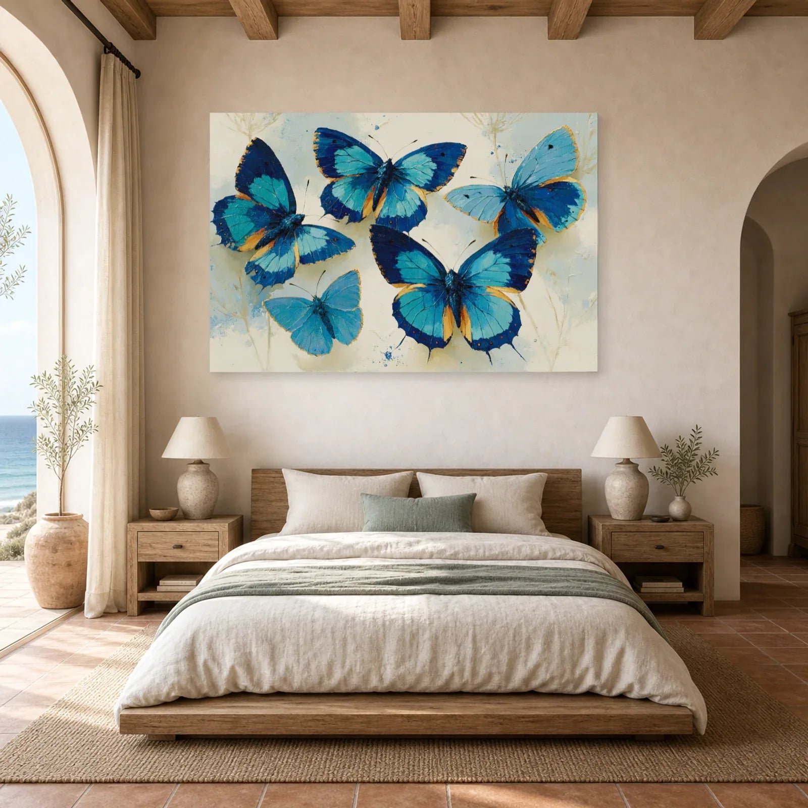 Tableau papillons bleus en aquarelle sur fond clair dans une chambre apaisante