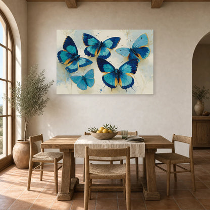 Tableau papillons bleus en aquarelle sur fond clair dans une salle à manger lumineuse