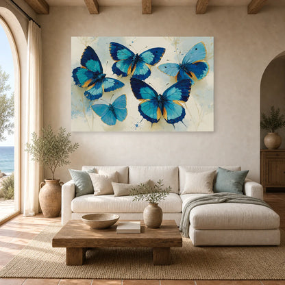 Tableau papillons bleus en aquarelle sur fond clair dans un salon contemporain