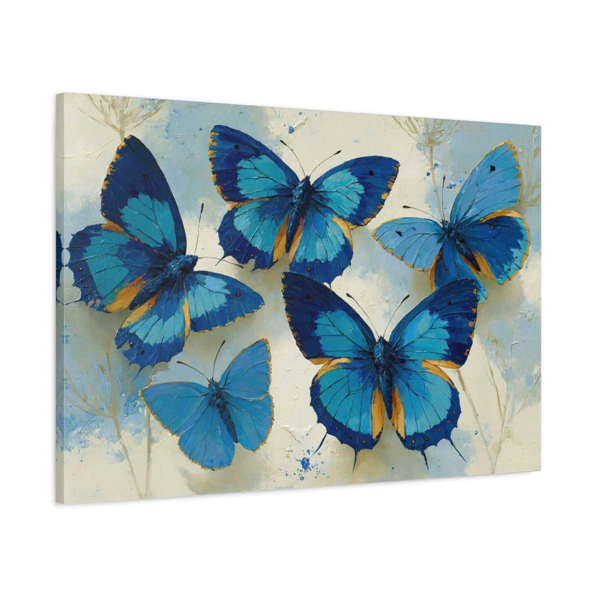 Tableau papillons bleus en aquarelle sur fond clair - toile 3D avec bords imprimés visibles