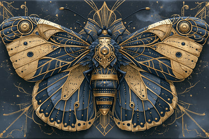 Tableau papillon bleu et or symétrique sur fond sombre - format L