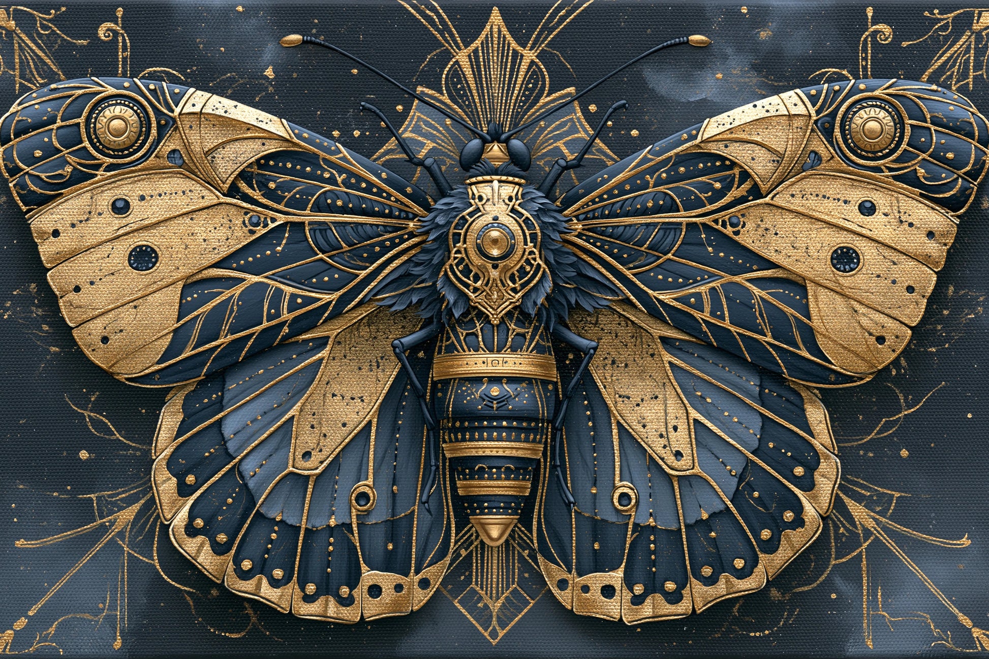 Tableau papillon bleu et or symétrique sur fond sombre - format M