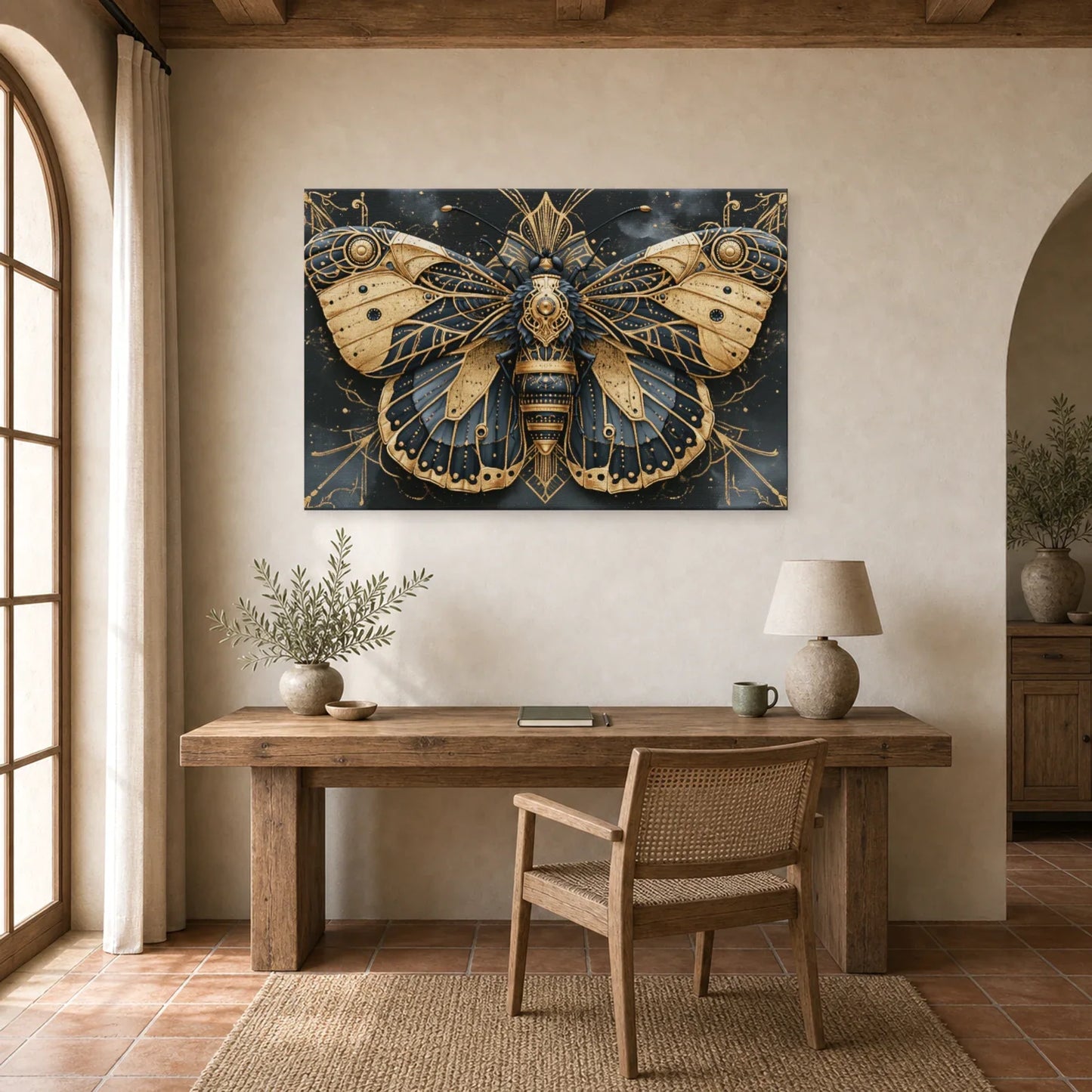 Tableau papillon bleu et or symétrique sur fond sombre dans un bureau élégant