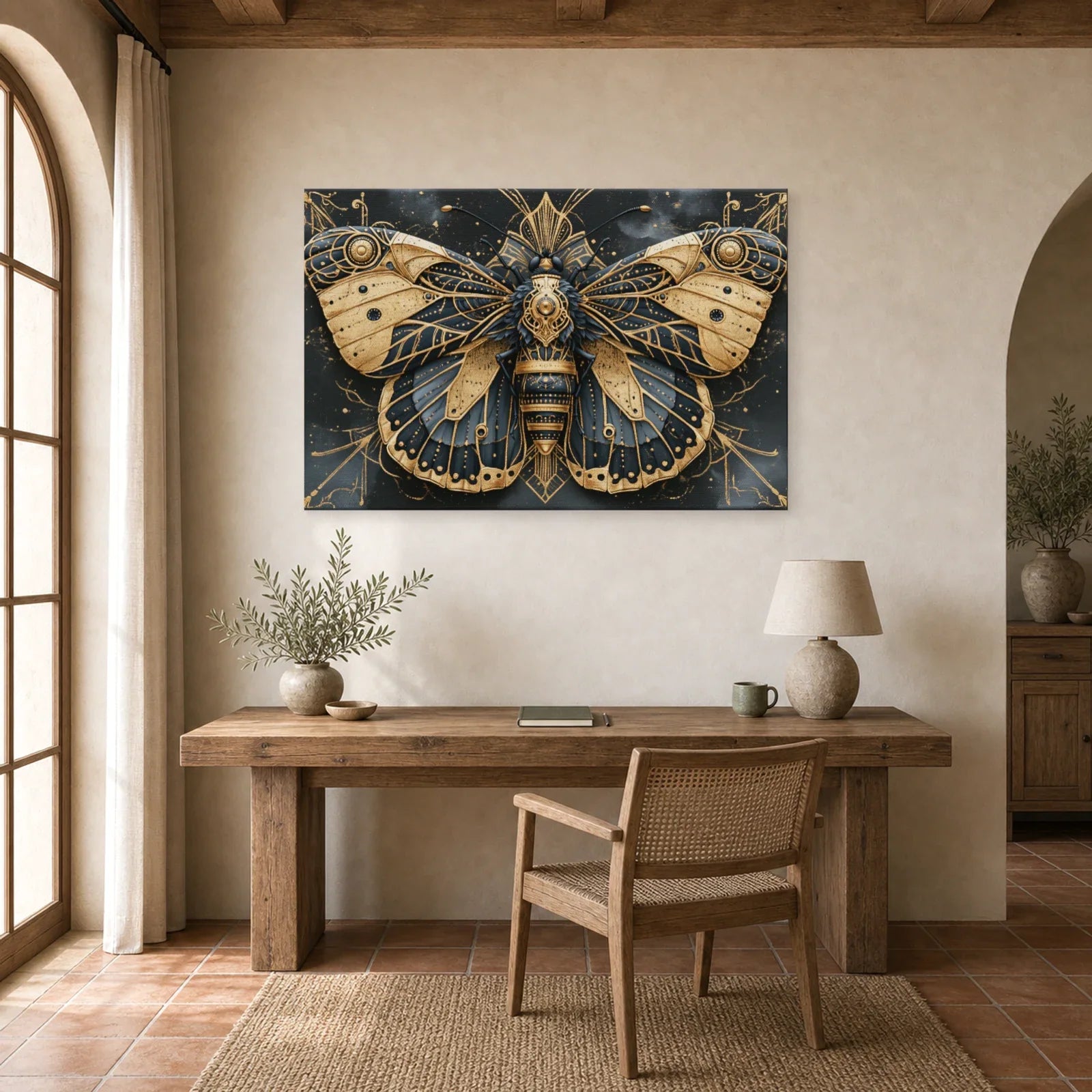Tableau papillon bleu et or symétrique sur fond sombre dans un bureau élégant