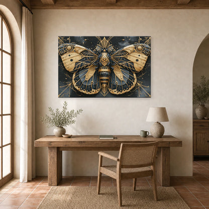 Tableau papillon bleu et or symétrique sur fond sombre dans un bureau élégant