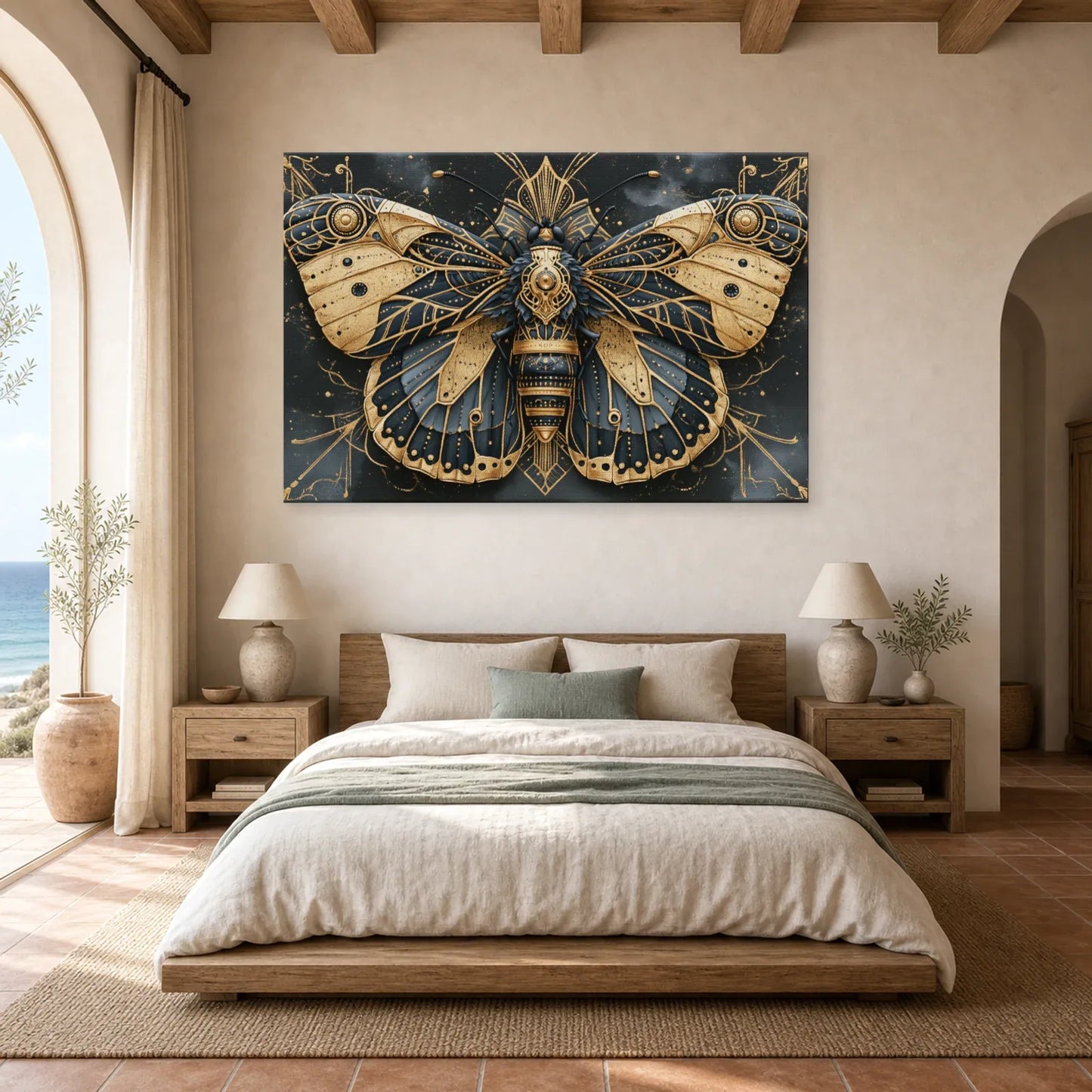 Tableau papillon bleu et or symétrique sur fond sombre dans une chambre apaisante