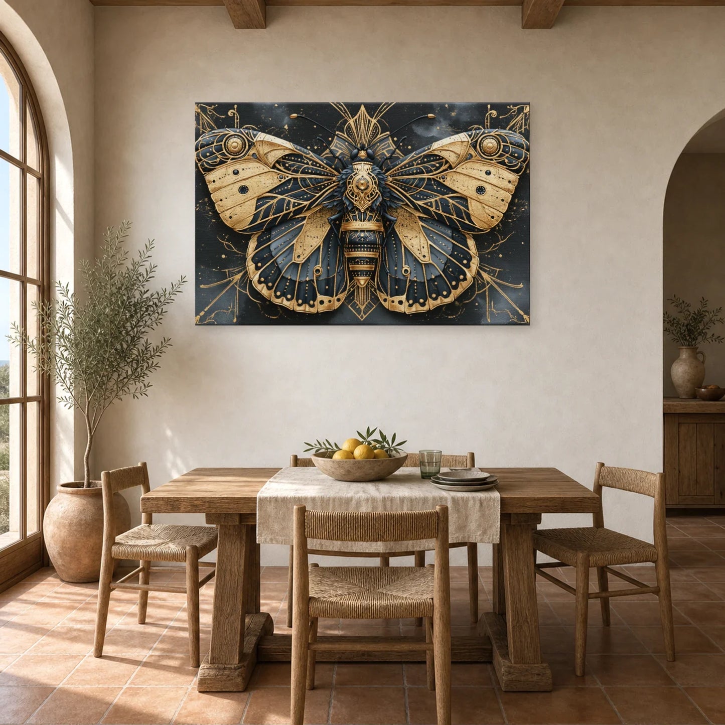Tableau papillon bleu et or symétrique sur fond sombre dans une salle à manger lumineuse