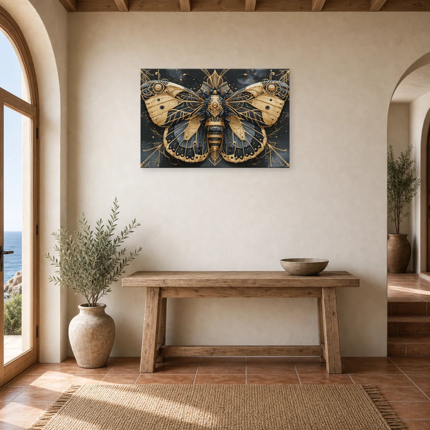 Tableau papillon bleu et or symétrique sur fond sombre dans une entrée ou un couloir décoré