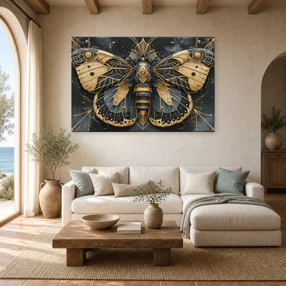 Tableau papillon bleu et or symétrique sur fond sombre dans un salon contemporain
