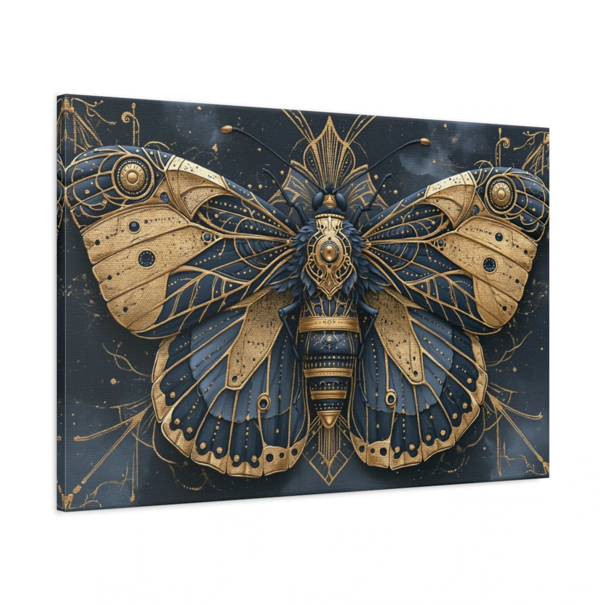 Tableau papillon bleu et or symétrique sur fond sombre - toile 3D avec bords imprimés visibles