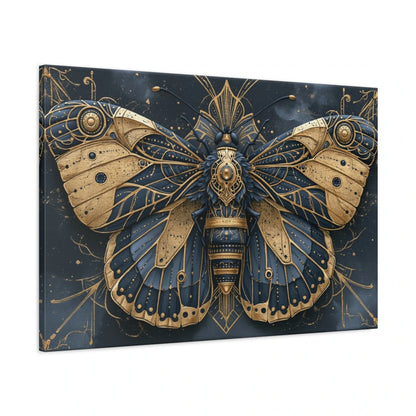 Tableau papillon bleu et or symétrique sur fond sombre - toile 3D avec bords imprimés visibles