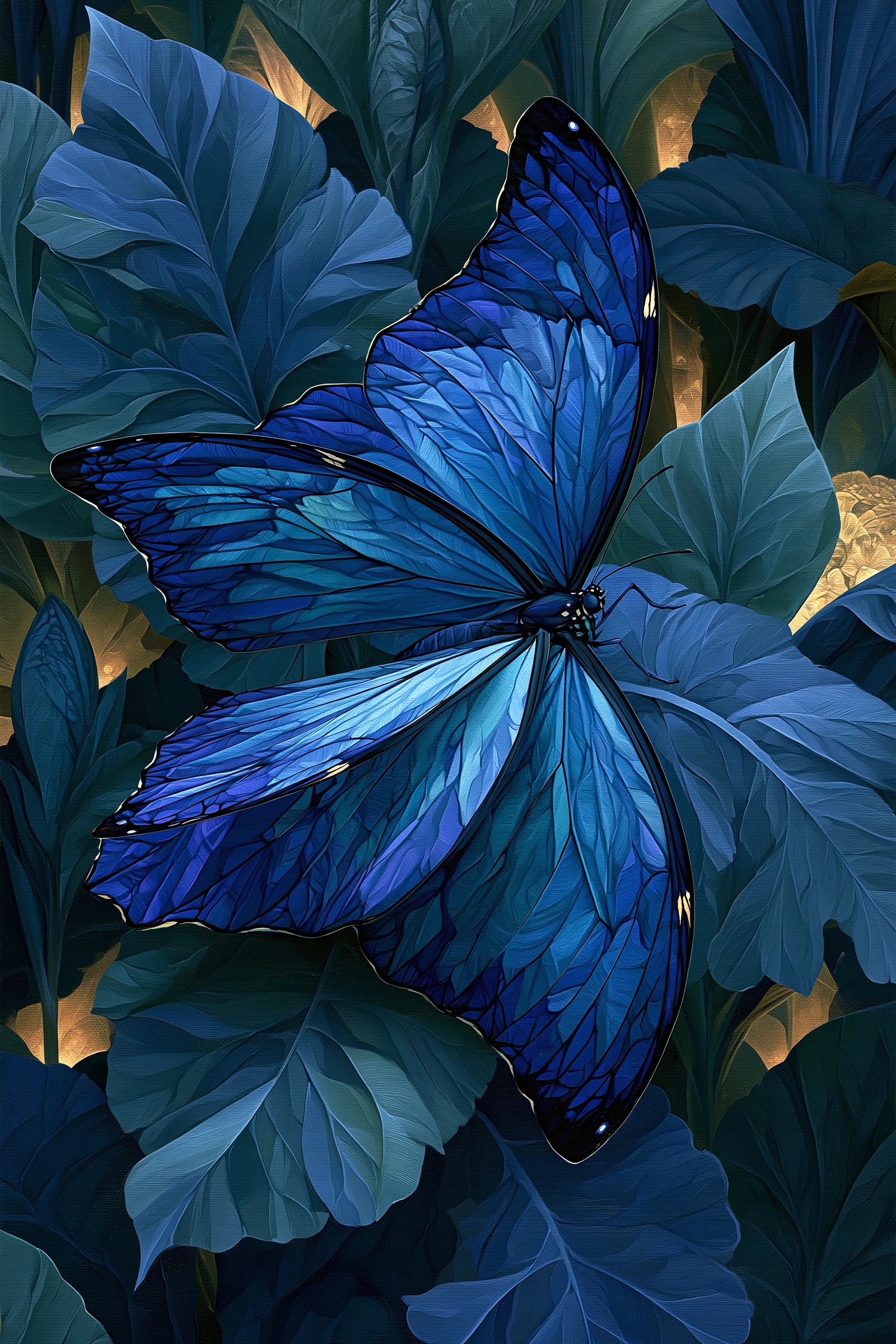 Tableau papillon bleu morpho sur feuillage sombre - format L