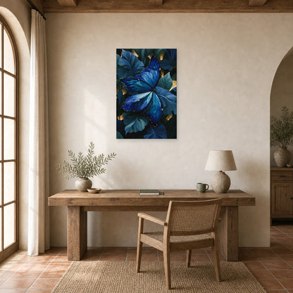 Tableau papillon bleu morpho sur feuillage sombre dans un bureau élégant
